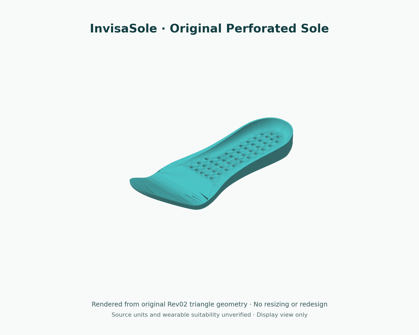 CAD render of the original perforated InvisaSole component with an elevated forefoot